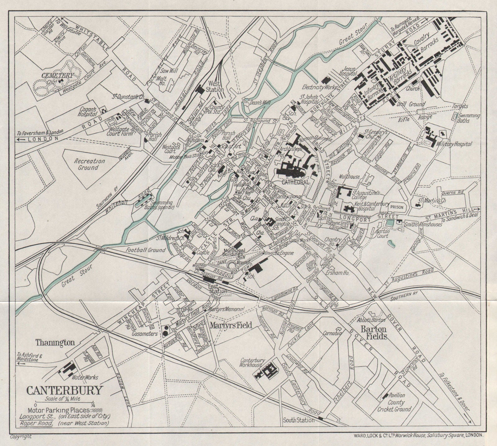 CANTERBURY vintage tourist town city plan. Kent. WARD LOCK 1937 old map